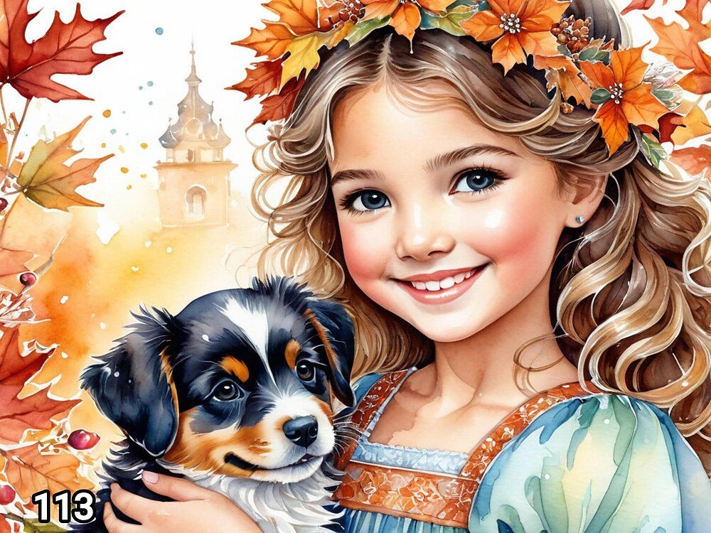 Диамантен гоблен „Момиченце с кученце наесен“ 113 · 30×40 см