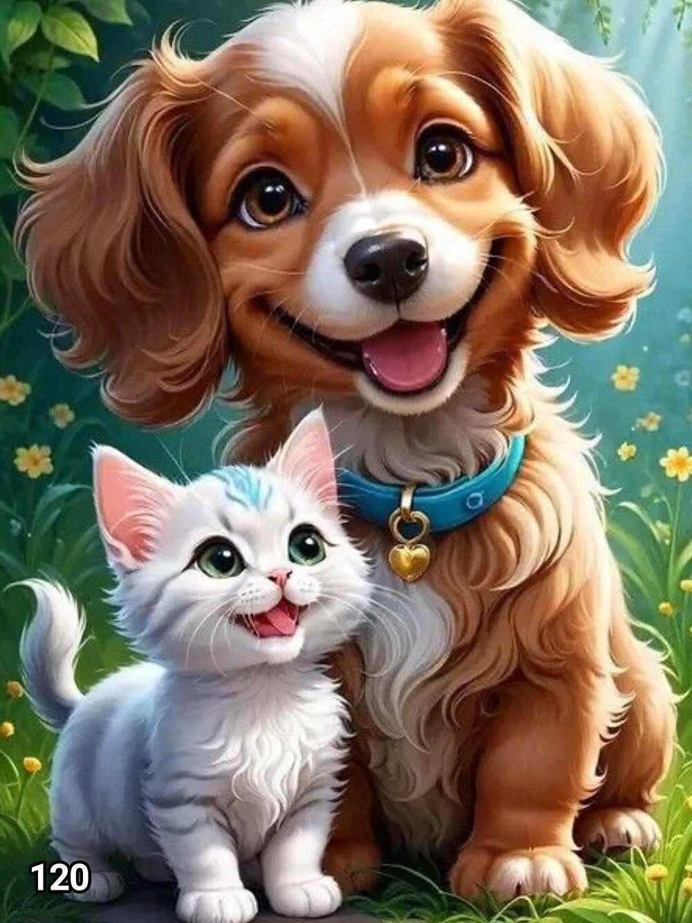 Диамантен гоблен „Кученце и коте в тревата“ 120 · 30×40 см