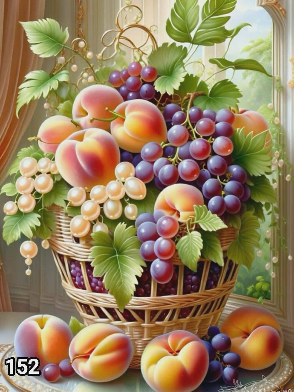 Диамантен гоблен „Кошница с праскови и грозде“ 152 · 30×40 см