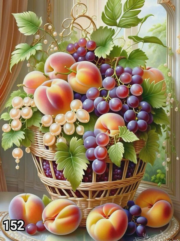 Диамантен гоблен „Кошница с праскови и грозде“ 152 · 30×40 см
