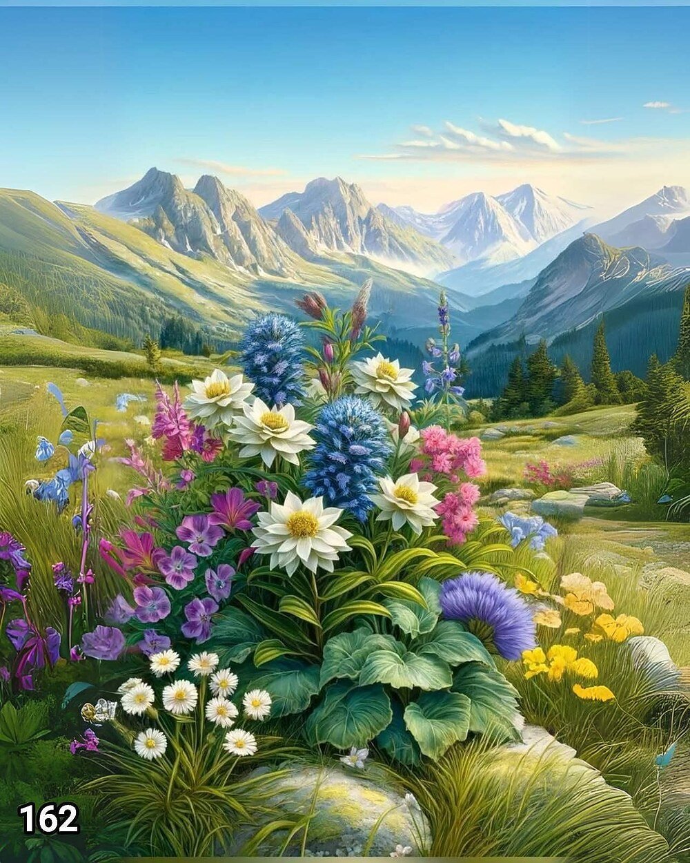 Диамантен гоблен „Планинска поляна с цветя“ 162 · 50×40 см