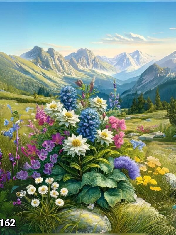 Диамантен гоблен „Планинска поляна с цветя“ 162 · 50×40 см