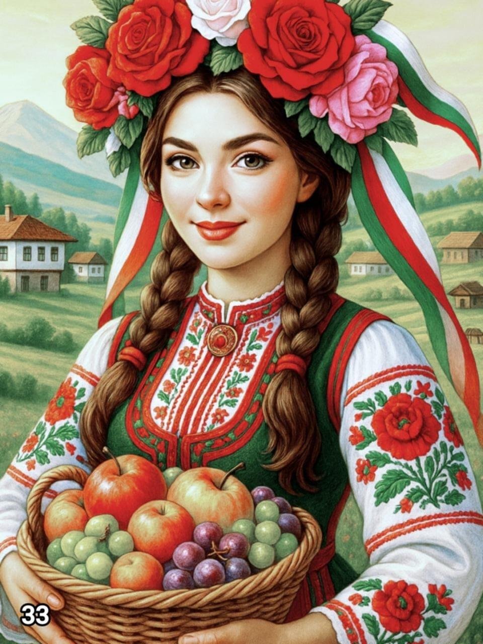 Диамантен гоблен „Мома с кошница плодове“ 33 · 30×40 см