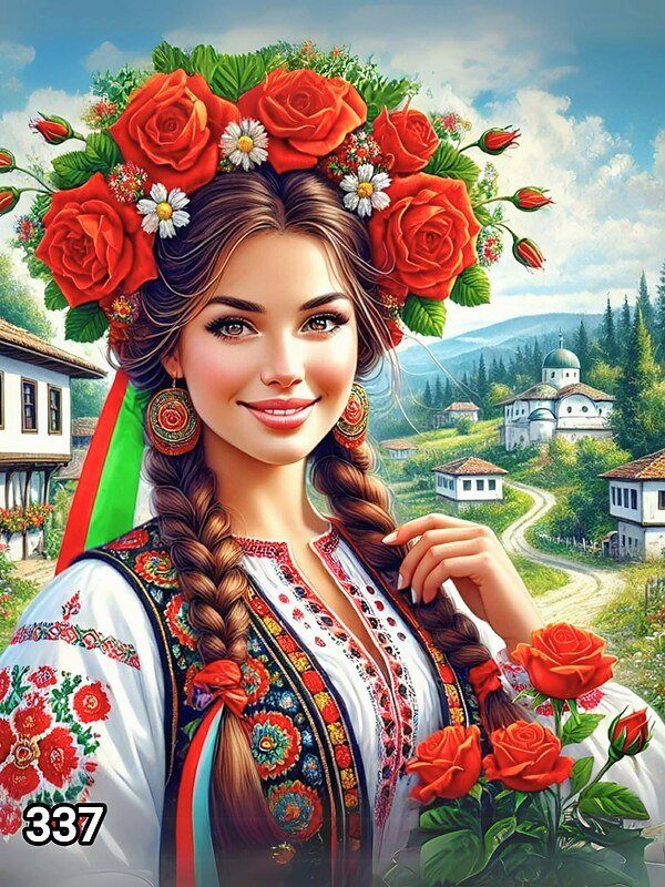 Диамантен гоблен „Мома с рози над селото“ 337 · 30×40 см