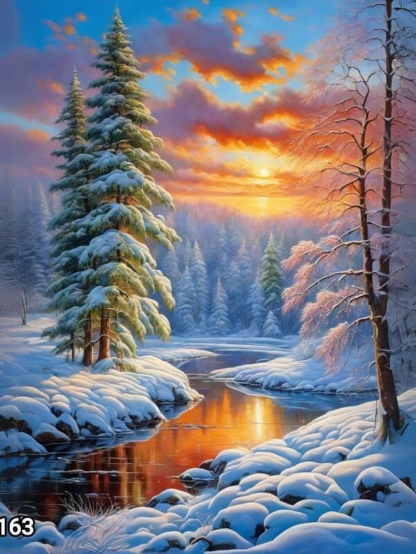 Диамантен гоблен „Зимен залез край реката“ 163 · 50×40 см