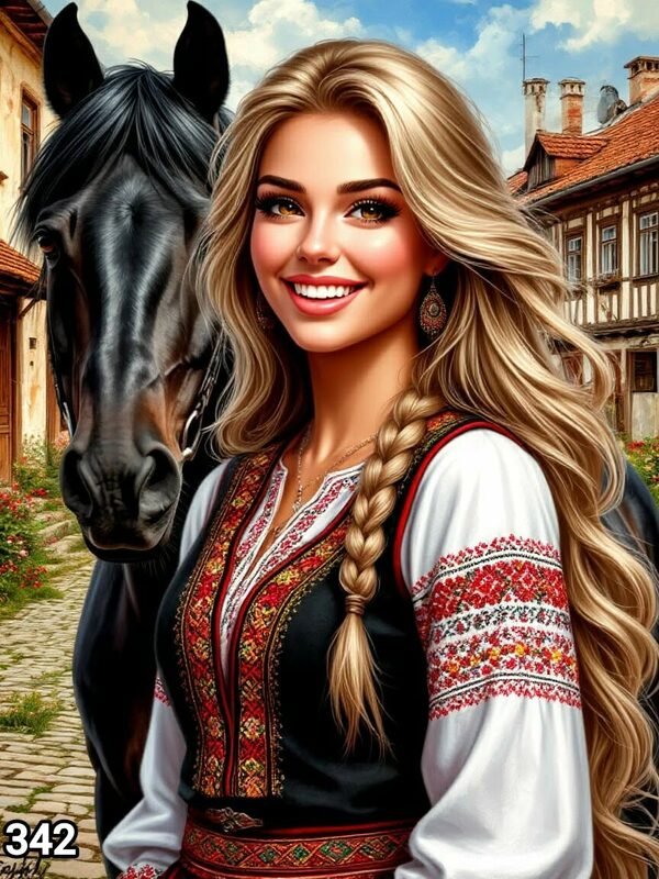 Диамантен гоблен „Русокоса мома с вран кон“ 342 · 30×40 см