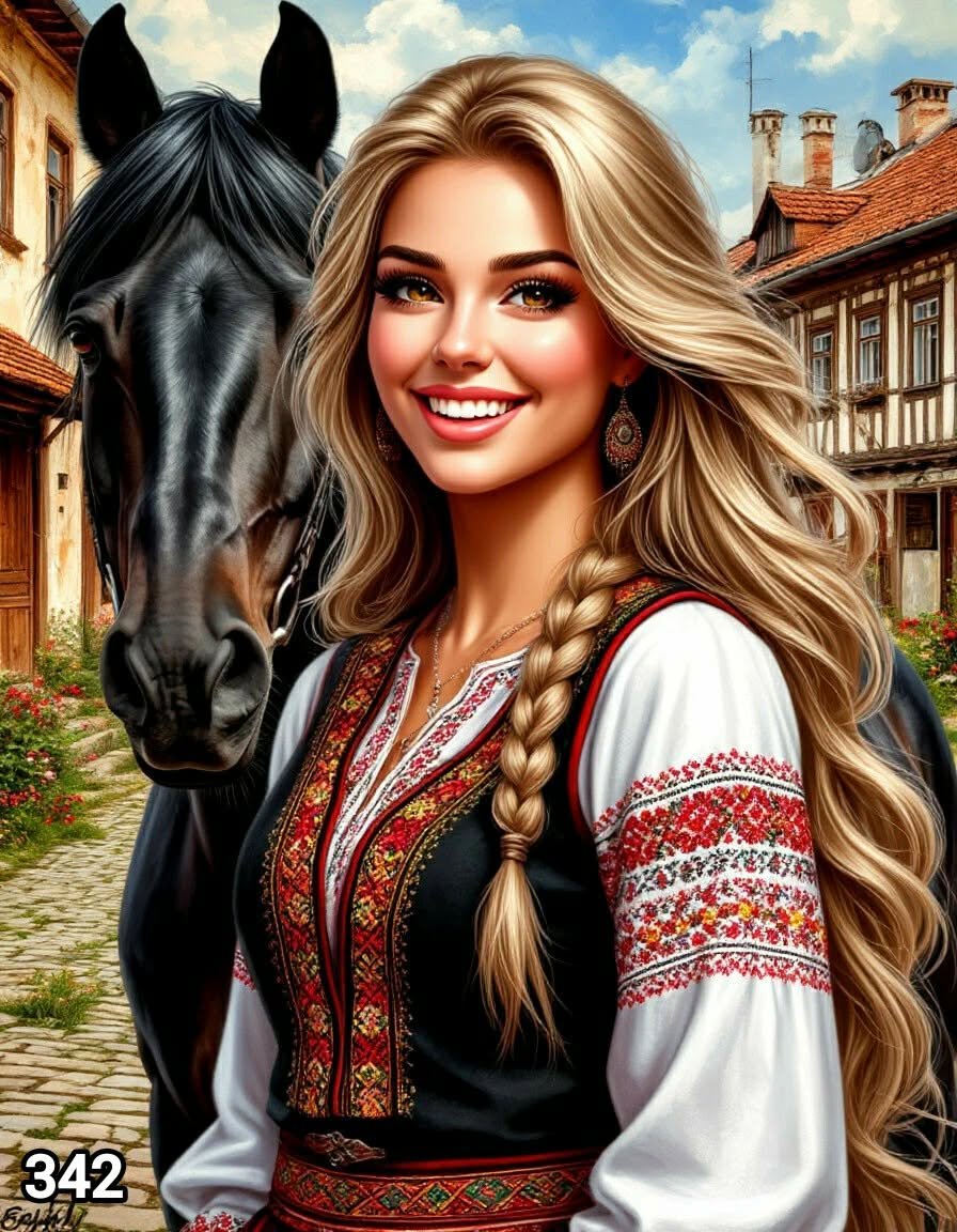 Диамантен гоблен „Русокоса мома с вран кон“ 342 · 30×40 см