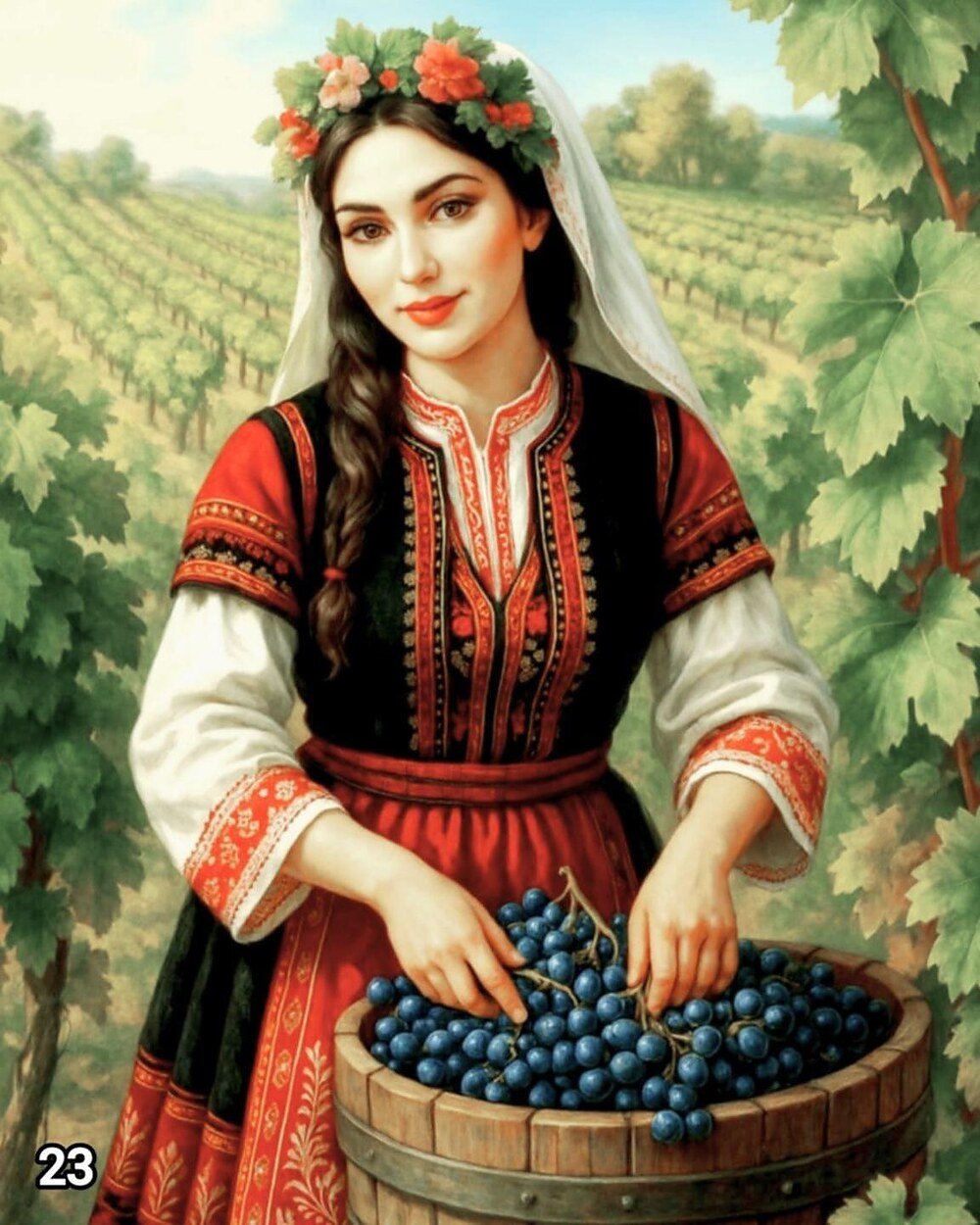 Диамантен гоблен „Гроздоберачка в лозето“ 23 · 50×40 см