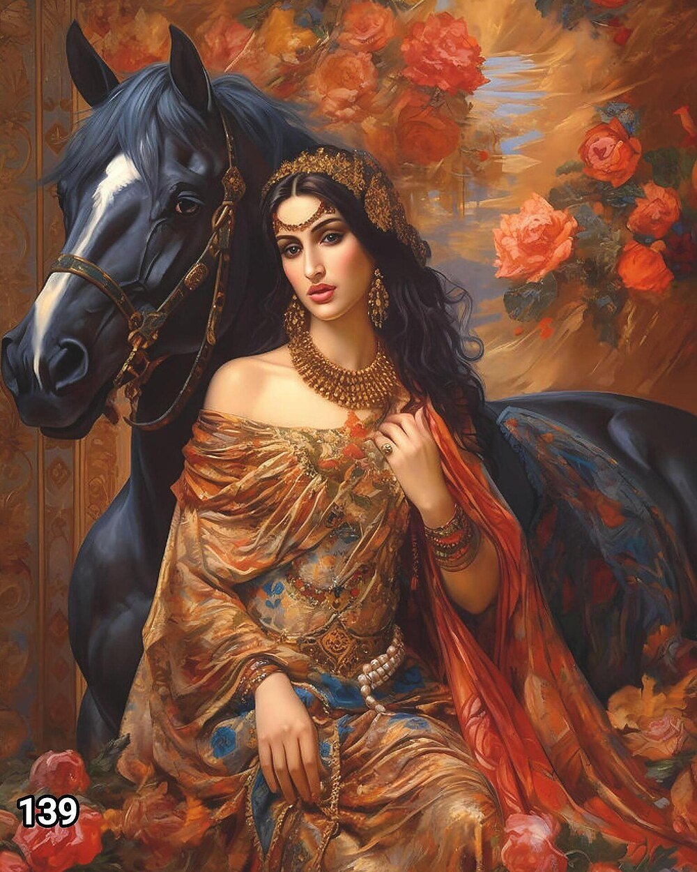 Диамантен гоблен „Ориенталска красавица с вран кон“ 139 · 50×40 см