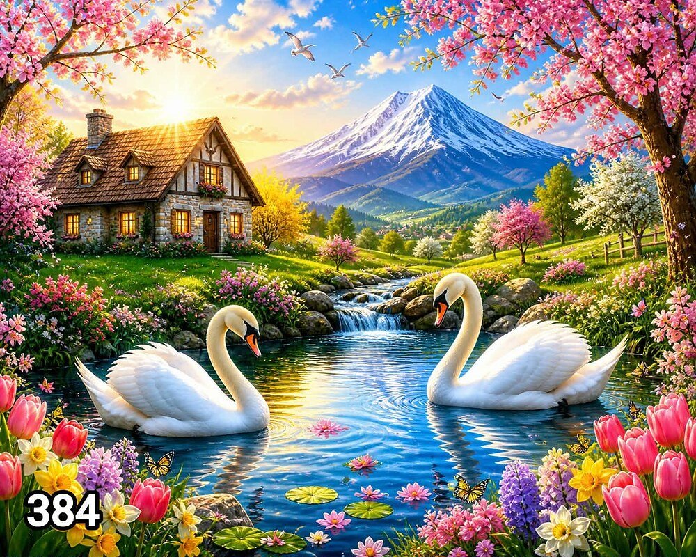 Диамантен гоблен „Лебеди пред заснежения връх“ 384 · 50×40 см