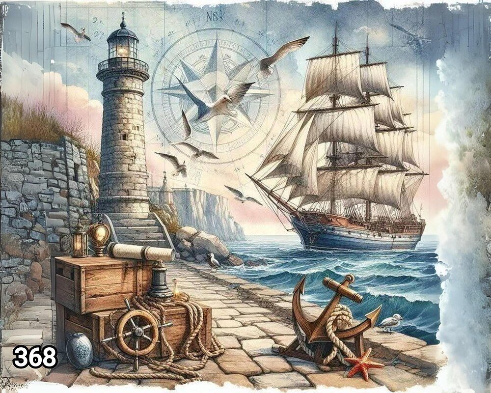 Диамантен гоблен „Фар и ветроход с компас“ 368 · 50×40 см