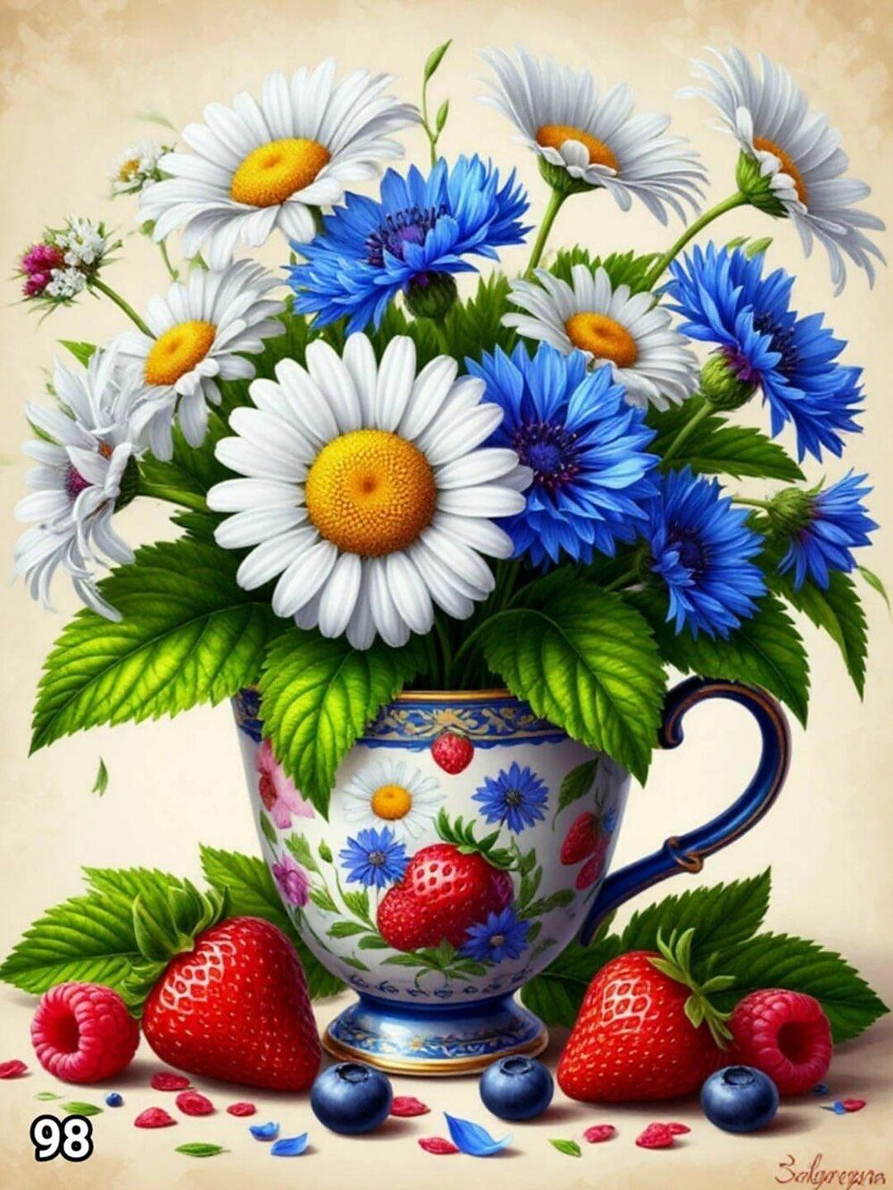 Диамантен гоблен „Маргарити и метличина в чаша“ 98 · 30×40 см