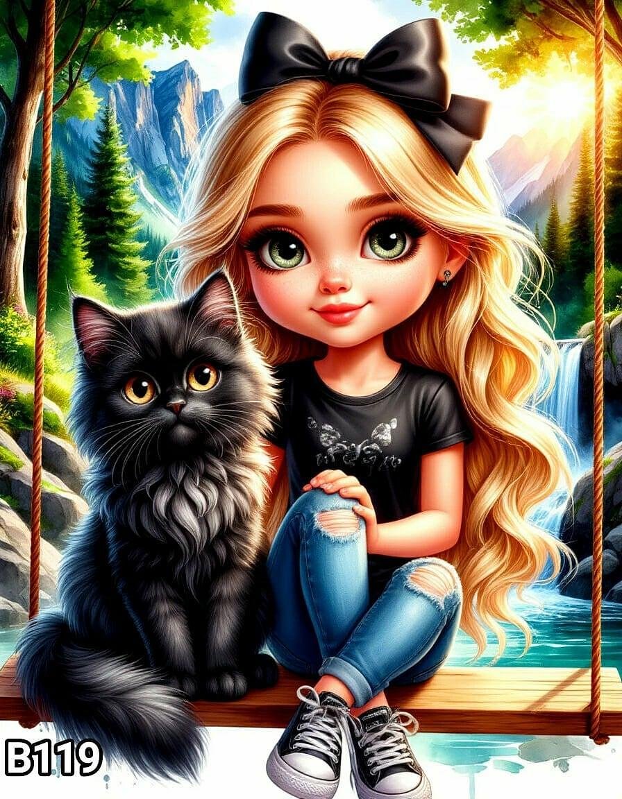 Диамантен гоблен „Момиче с черна котка“ B119 · 30×40 см