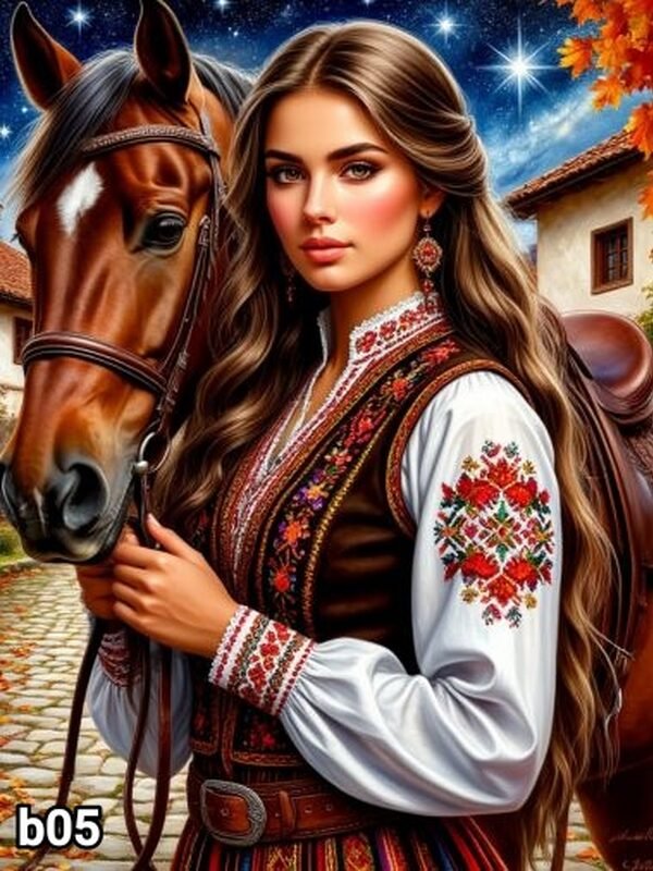 Диамантен гоблен „Мома с кон в стария град“ B05 · 30×40 см