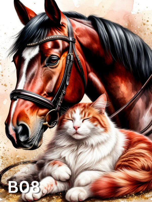 Диамантен гоблен „Кон и котка“ B08 · 30×40 см