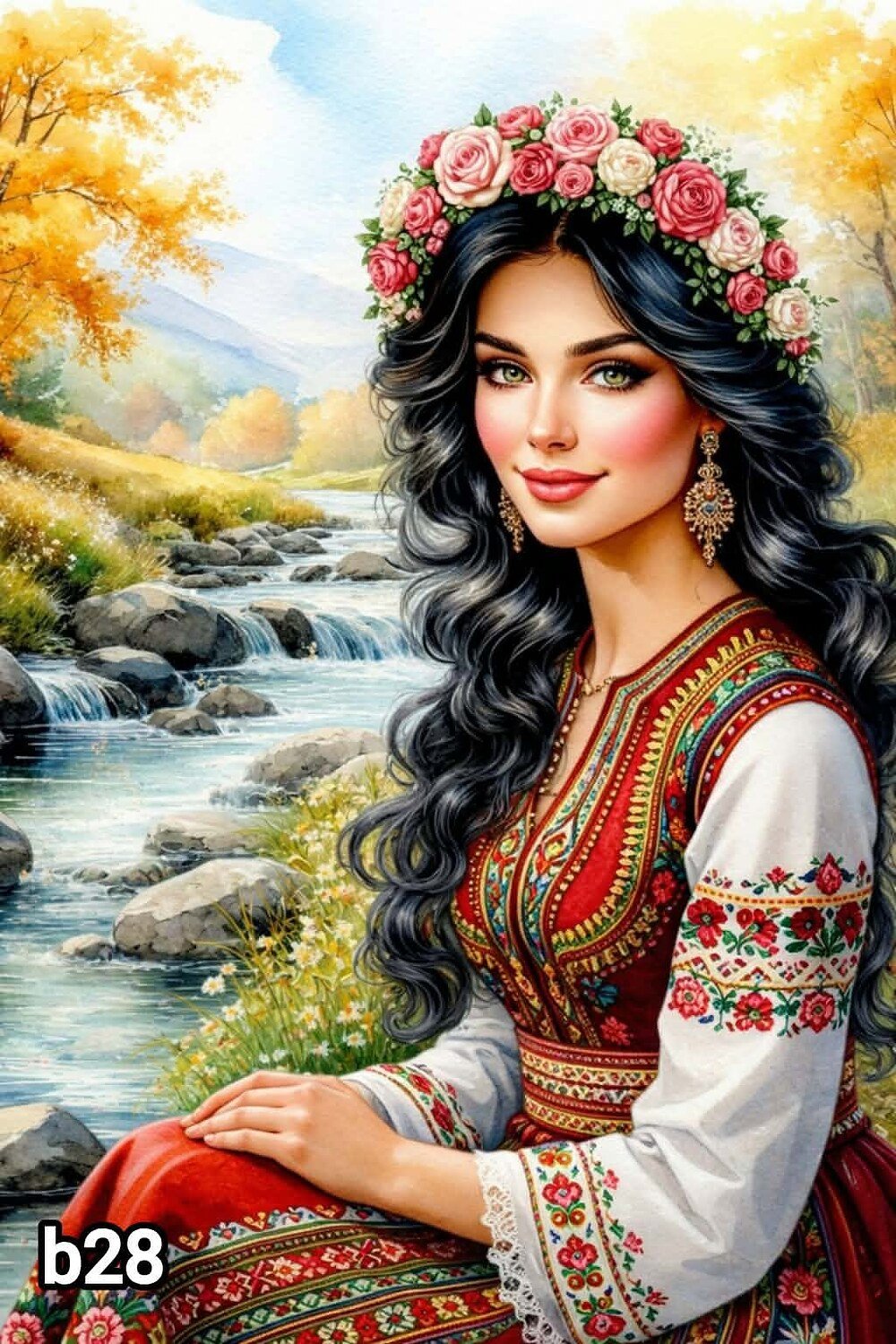 Диамантен гоблен „Мома край планинската река“ B28 · 30×40 см