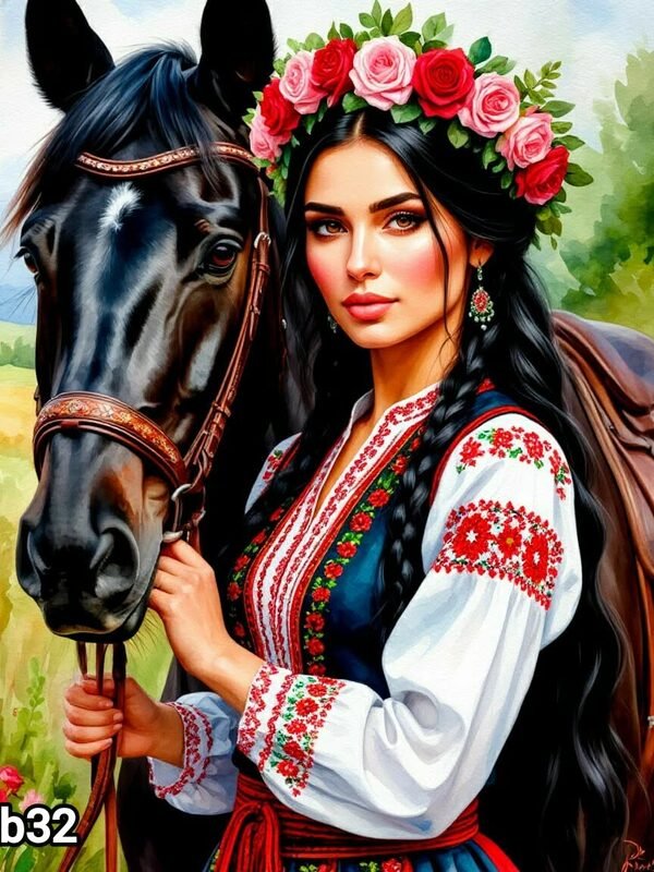 Диамантен гоблен „Мома с вран кон и рози“ B32 · 30×40 см