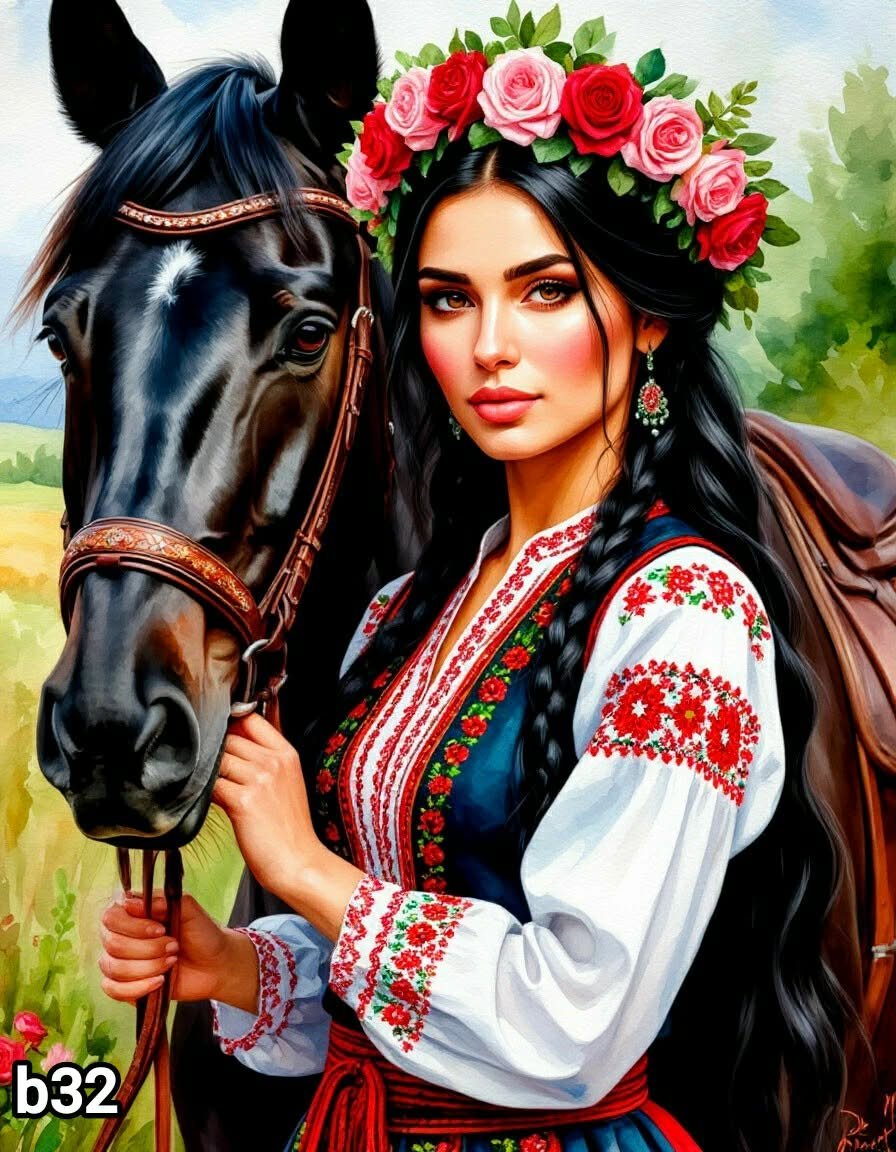 Диамантен гоблен „Мома с вран кон и рози“ B32 · 30×40 см