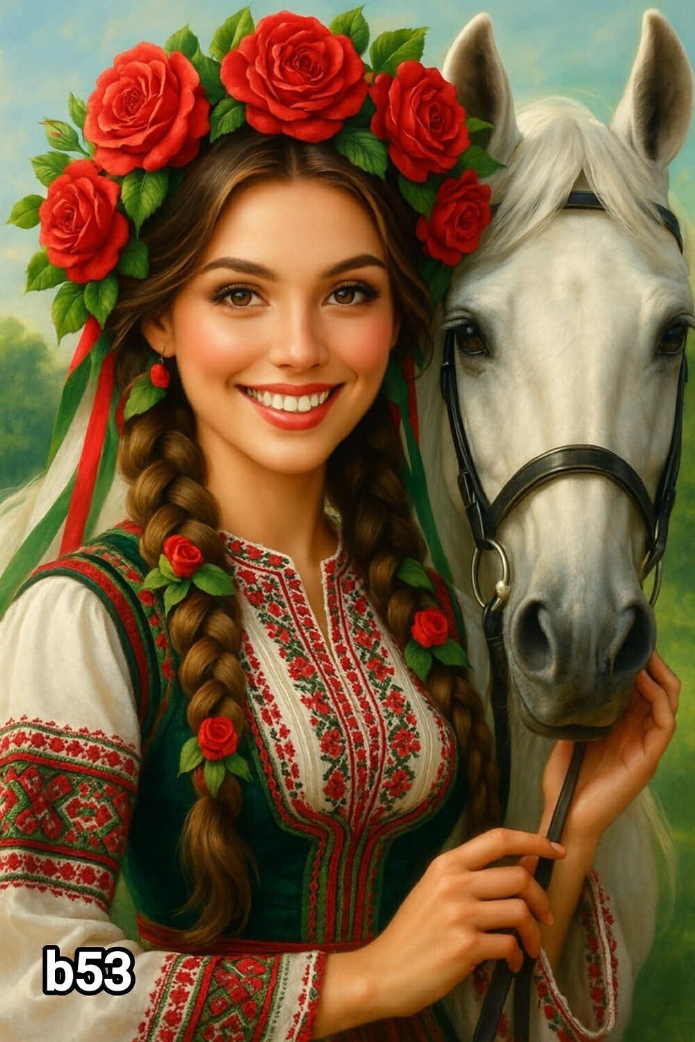 Диамантен гоблен „Мома с рози и бял кон“ B53 · 30×40 см