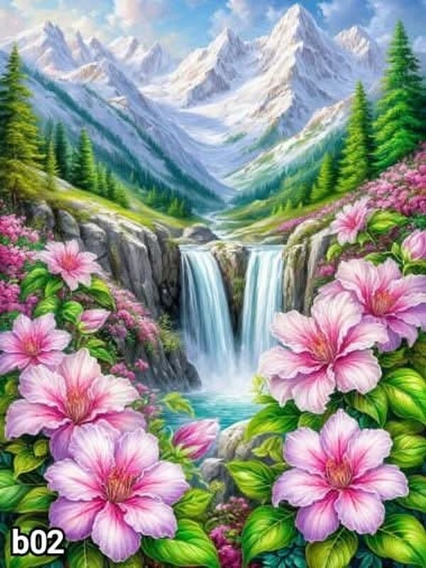 Диамантен гоблен „Водопад с планински цветя“ B02 · 30×40 см