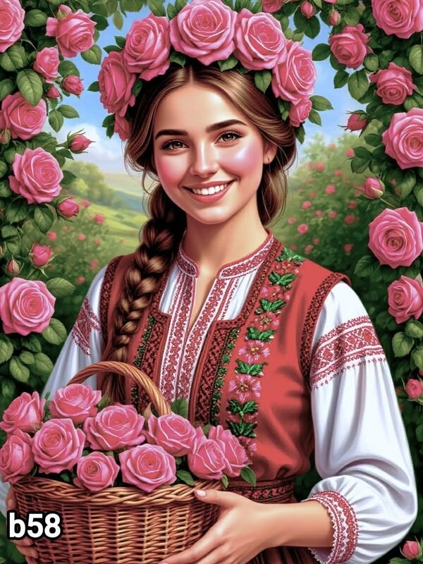 Диамантен гоблен „Розоберачка с кошница“ B58 · 30×40 см