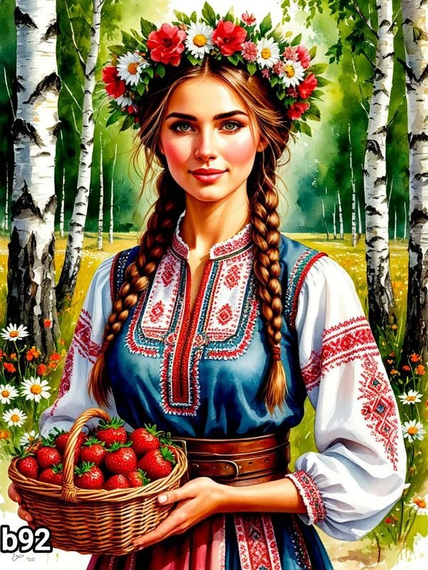 Диамантен гоблен „Мома с ягоди в брезите“ B92 · 30×40 см