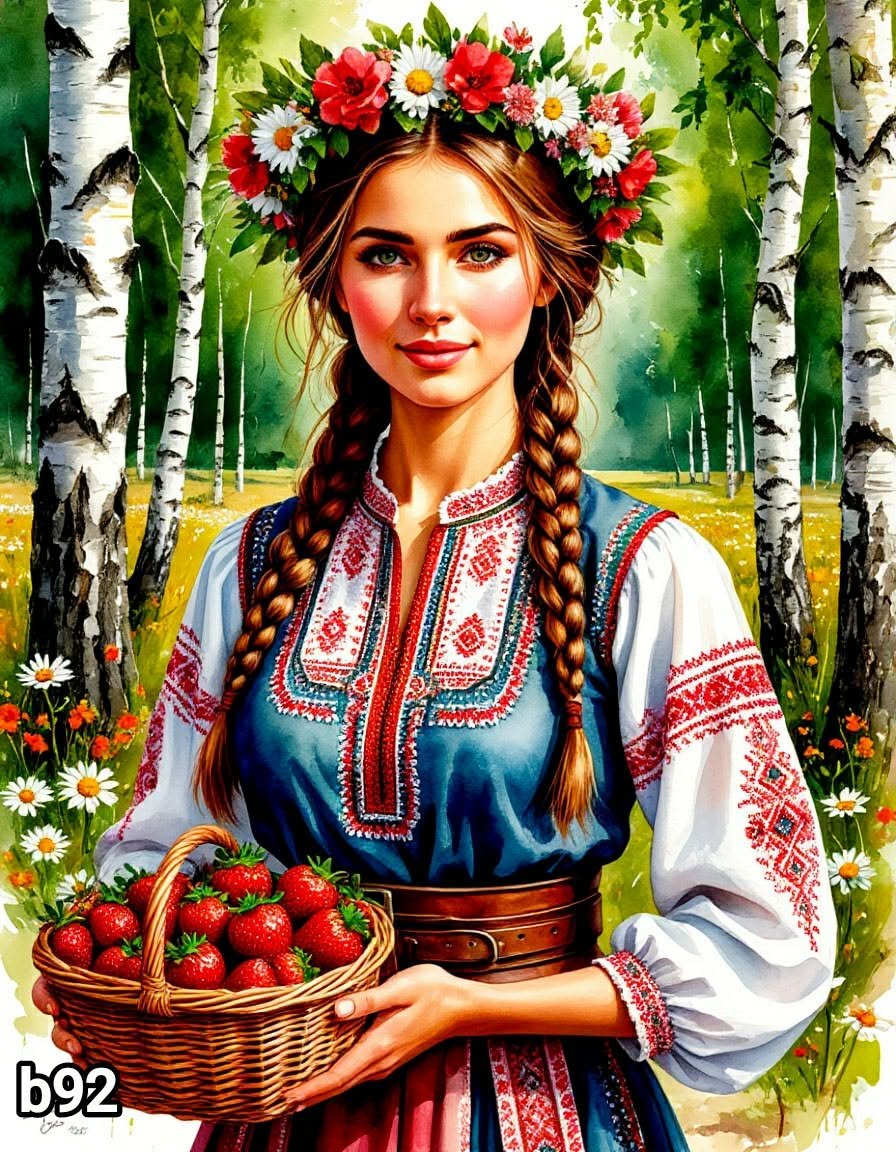 Диамантен гоблен „Мома с ягоди в брезите“ B92 · 30×40 см