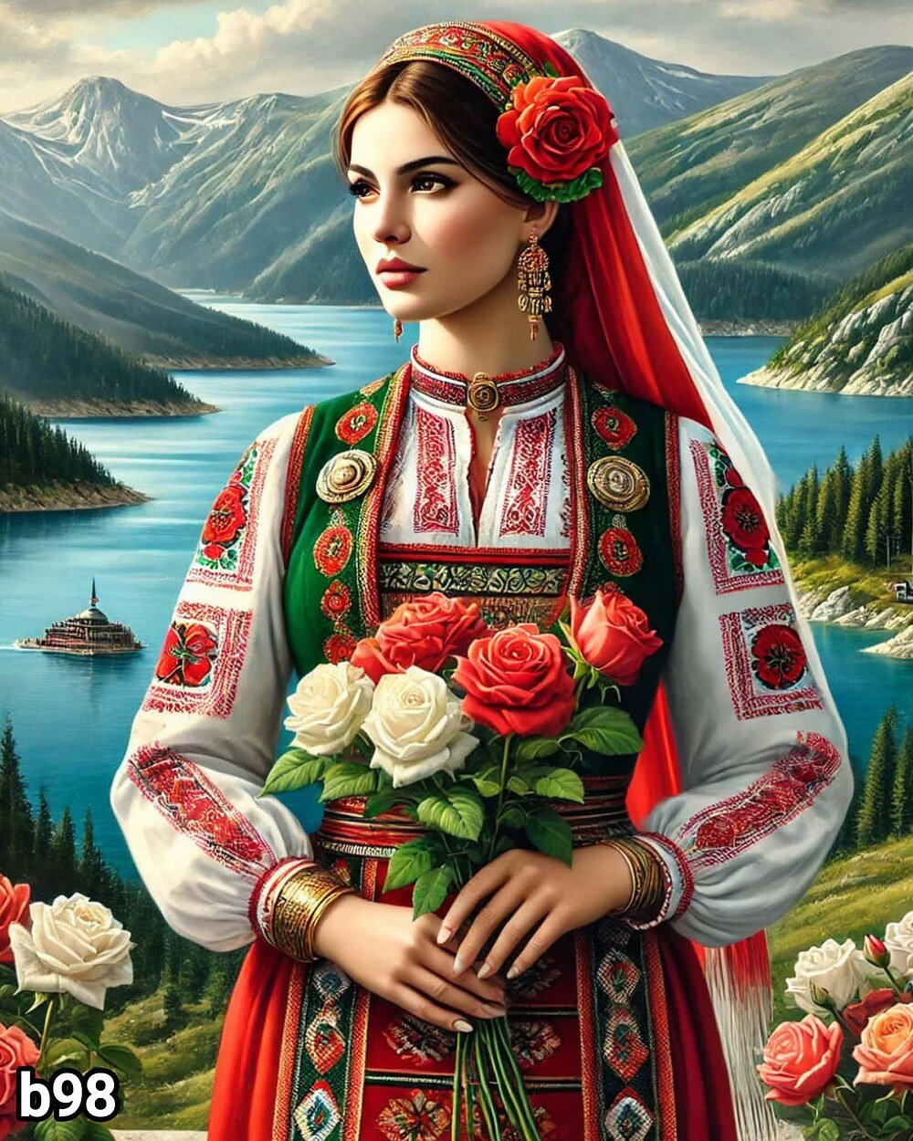 Диамантен гоблен „Мома с рози край езерото“ B98 · 30×40 см