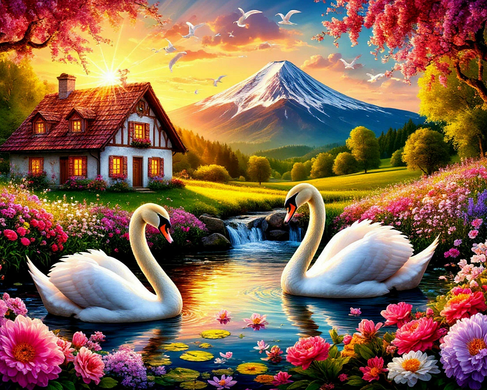 Диамантен гоблен „Лебеди пред къщата“ 93 · 50×40 см