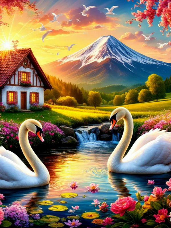 Диамантен гоблен „Лебеди пред къщата“ 93 · 50×40 см