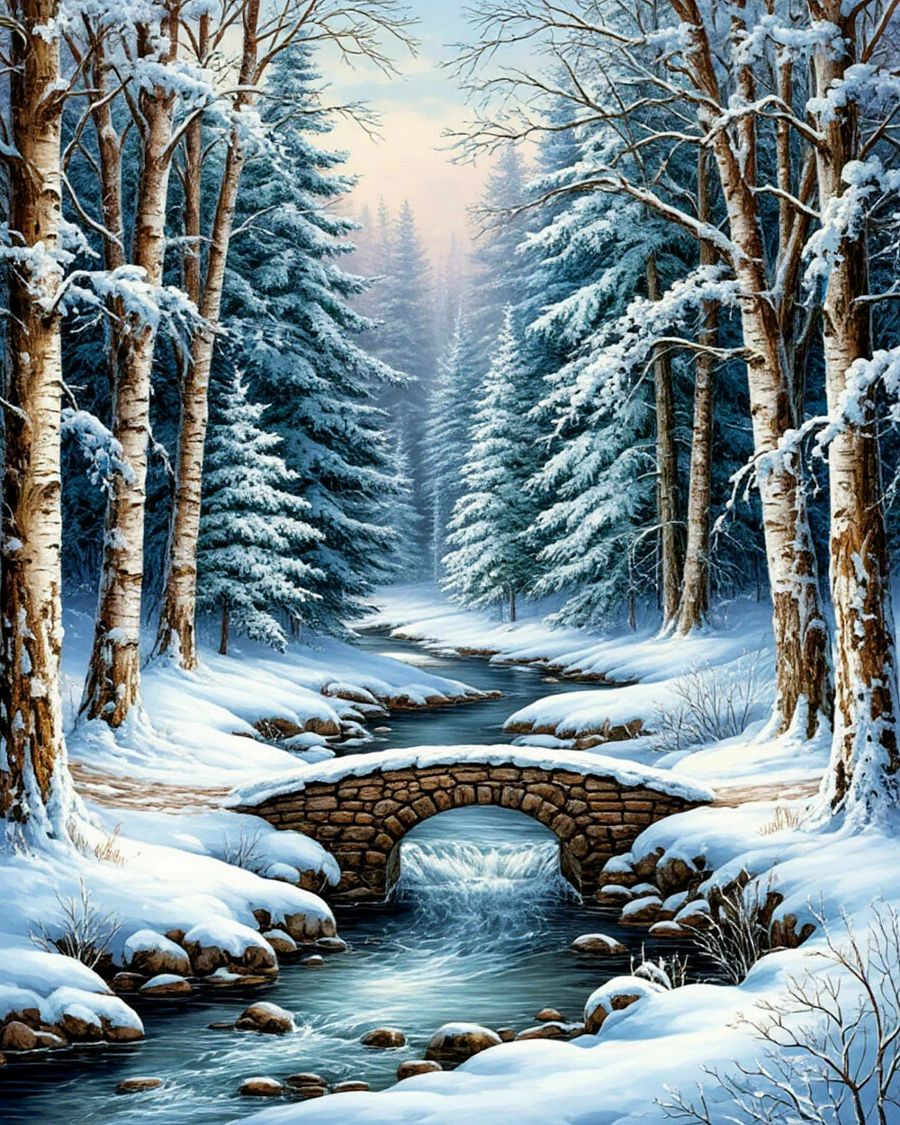 Диамантен гоблен „Каменен мост в зимната гора“ 165 · 50×40 см