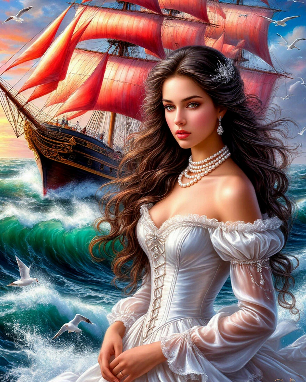 Диамантен гоблен „Дама с кораб с алени платна“ 26 · 50×40 см