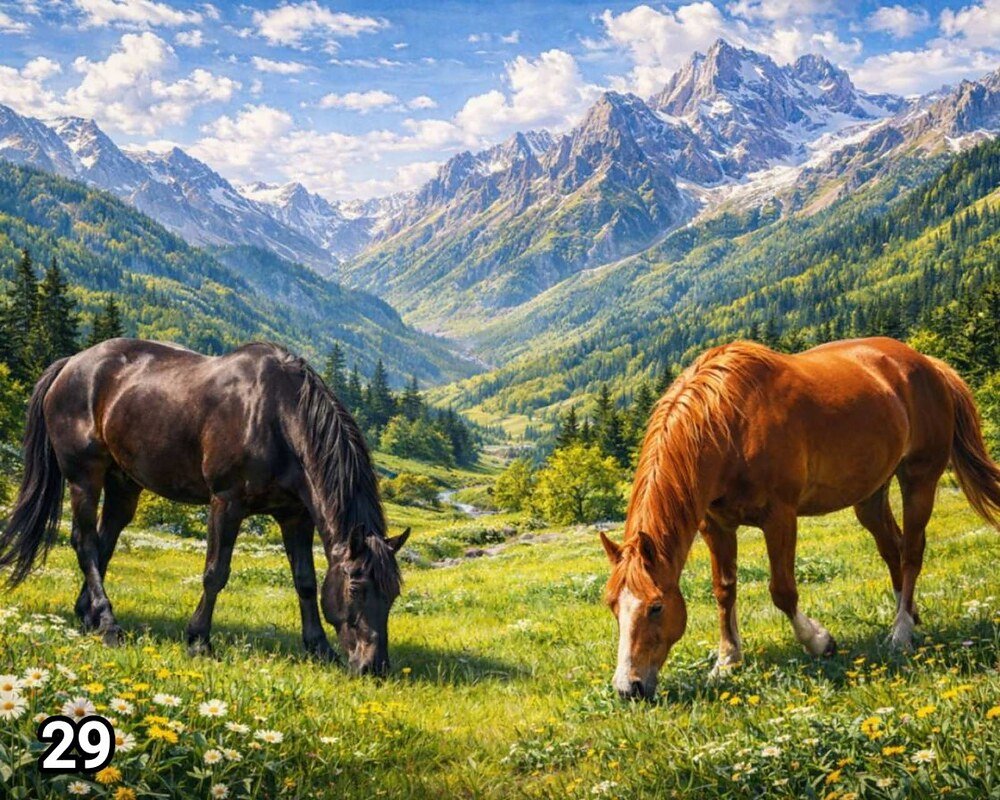 Диамантен гоблен „Коне в планинската долина“ 29 · 50×40 см