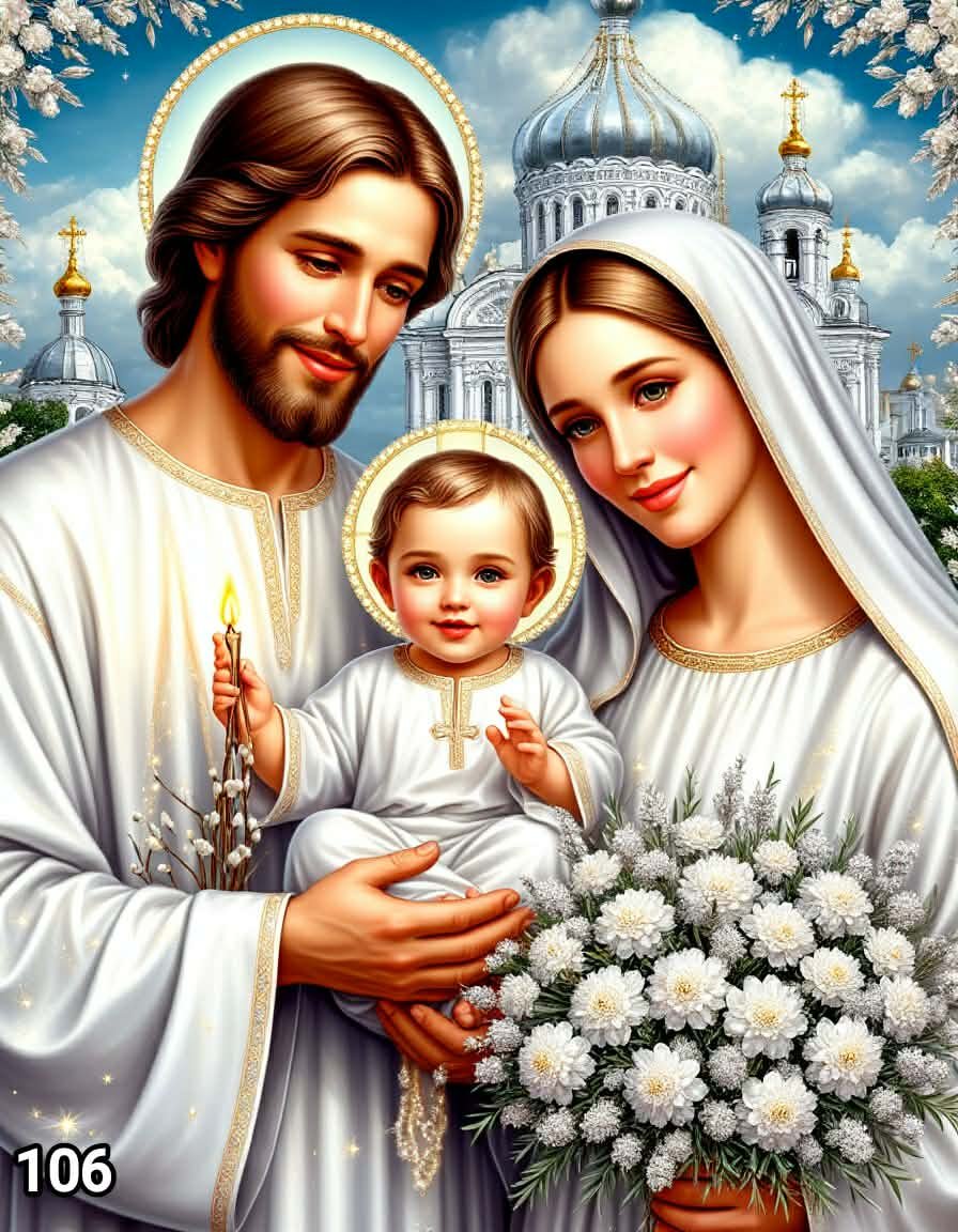 Диамантен гоблен „Свето семейство с бели цветя“ 106 · 30×40 см