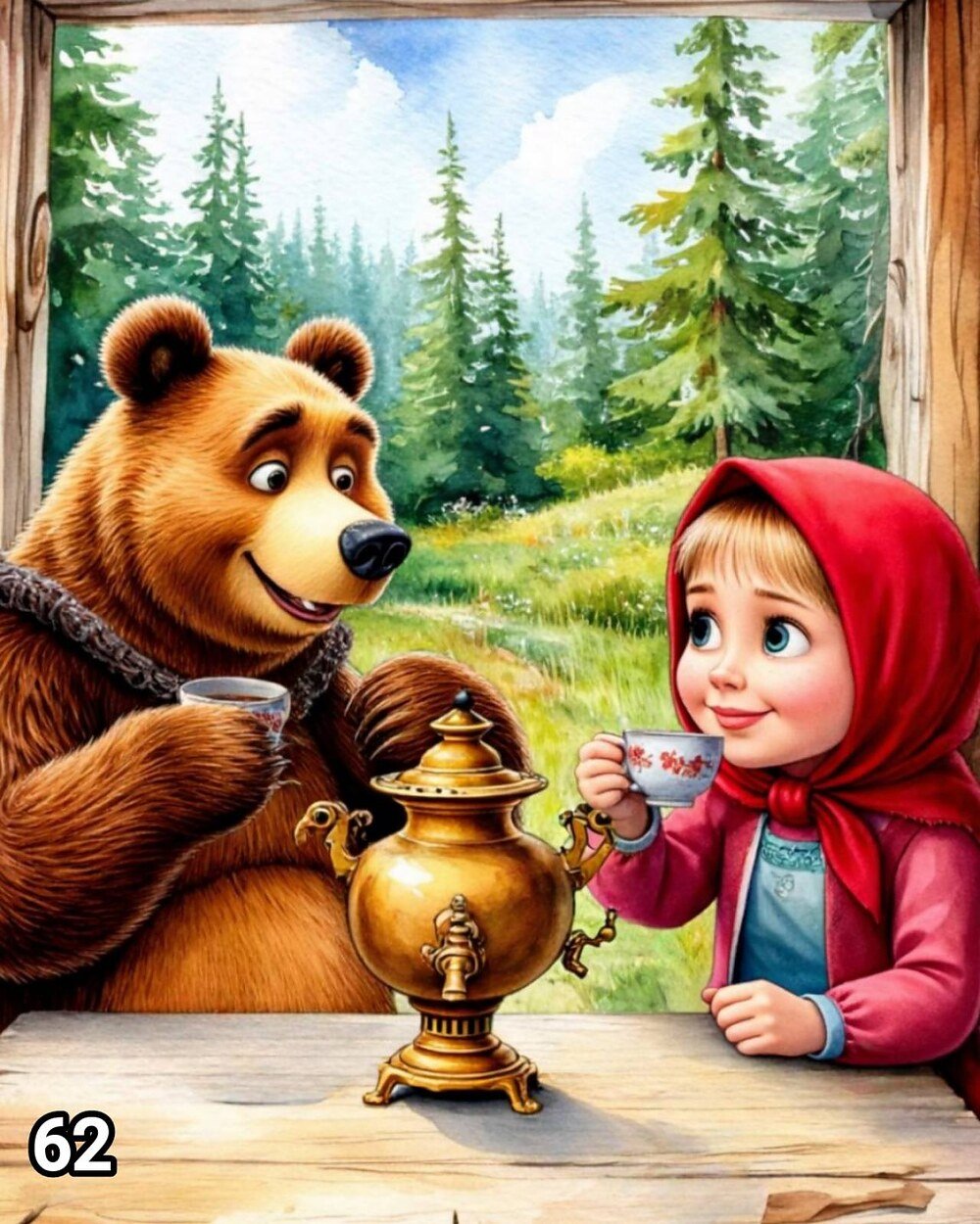 Диамантен гоблен „Маша и Мечока на чай“ 62 · 50×40 см