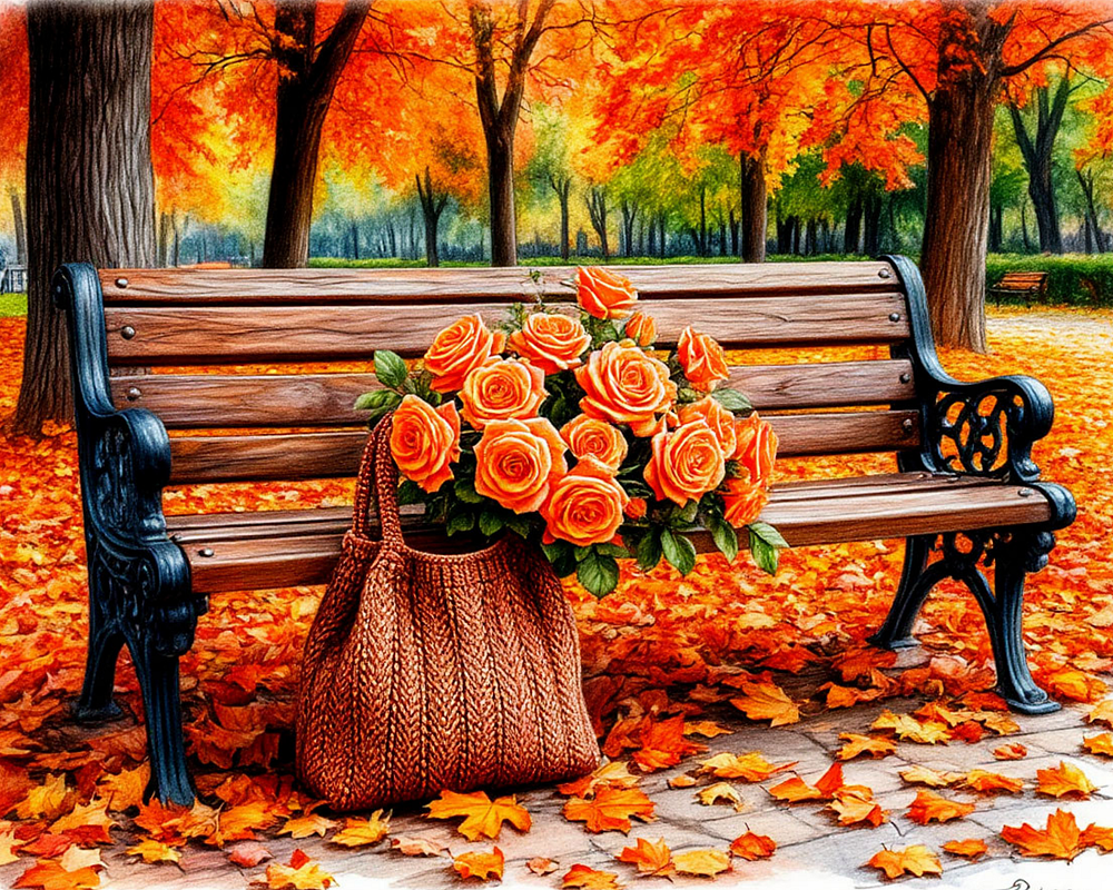 Диамантен гоблен „Есенна пейка с рози“ 140 · 50×40 см