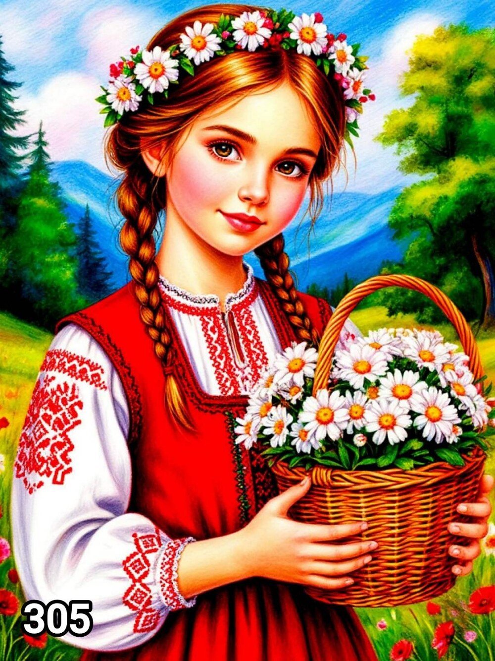 Диамантен гоблен „Момиче с кошница маргарити“ 305 · 30×40 см