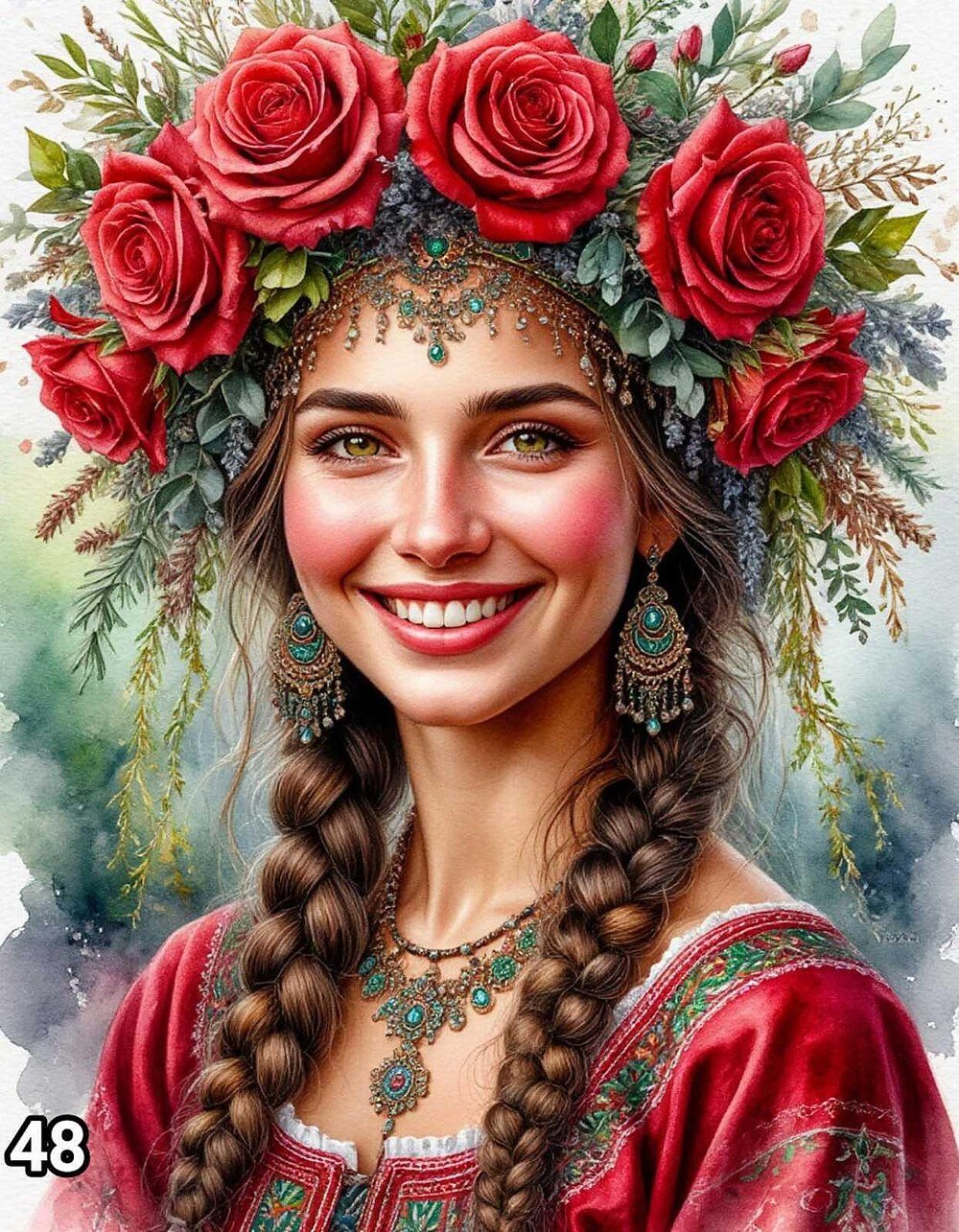 Диамантен гоблен „Усмихната мома с рози“ 48 · 30×40 см