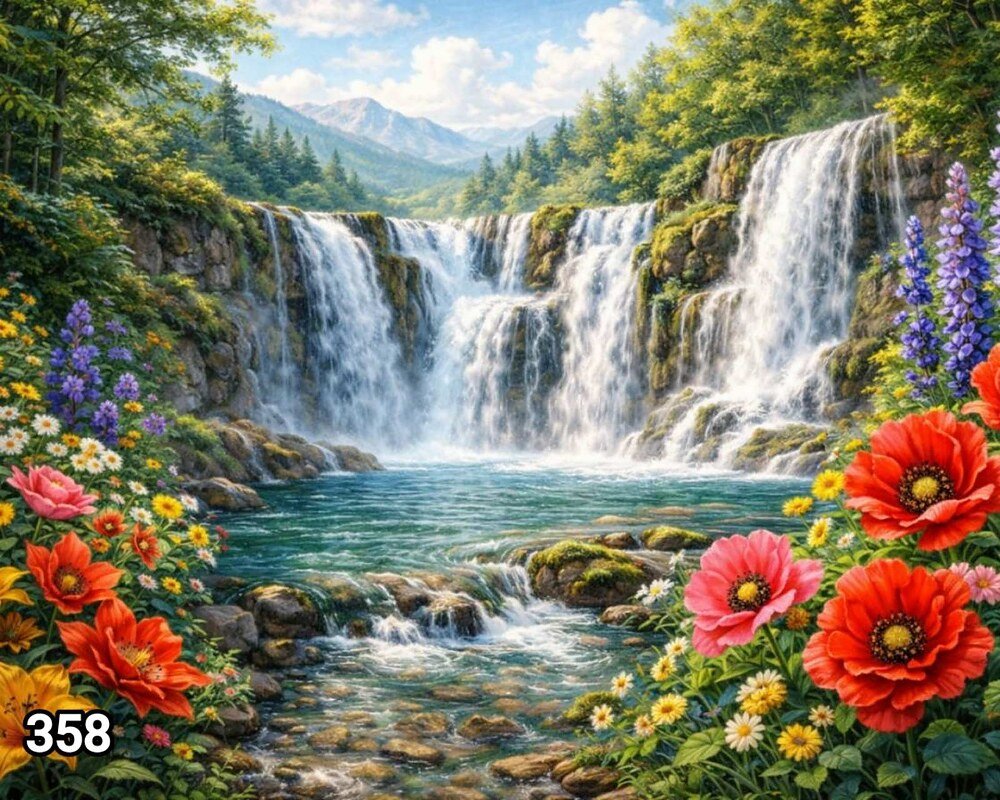 Диамантен гоблен „Водопади с макове“ 358 · 50×40 см