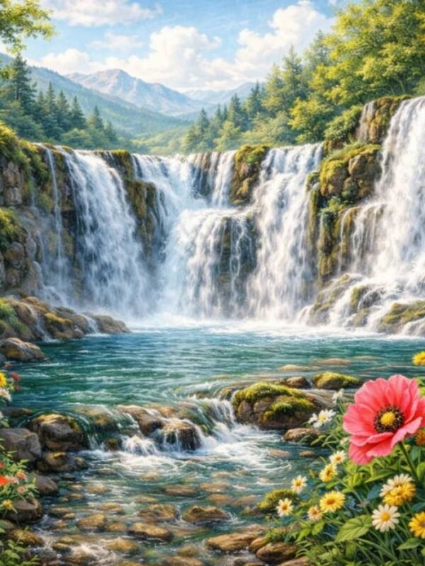 Диамантен гоблен „Водопади с макове“ 358 · 50×40 см