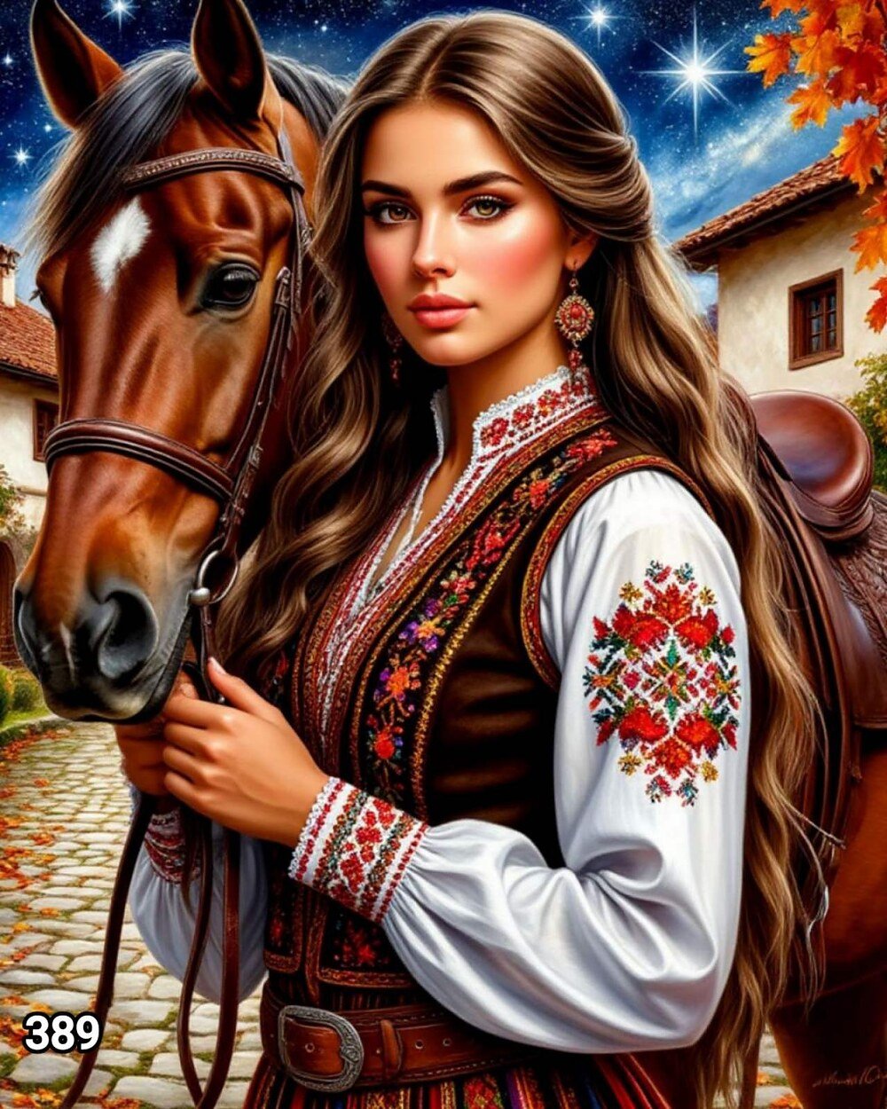 Диамантен гоблен „Девойка с кон под звездите“ 389 · 50×40 см