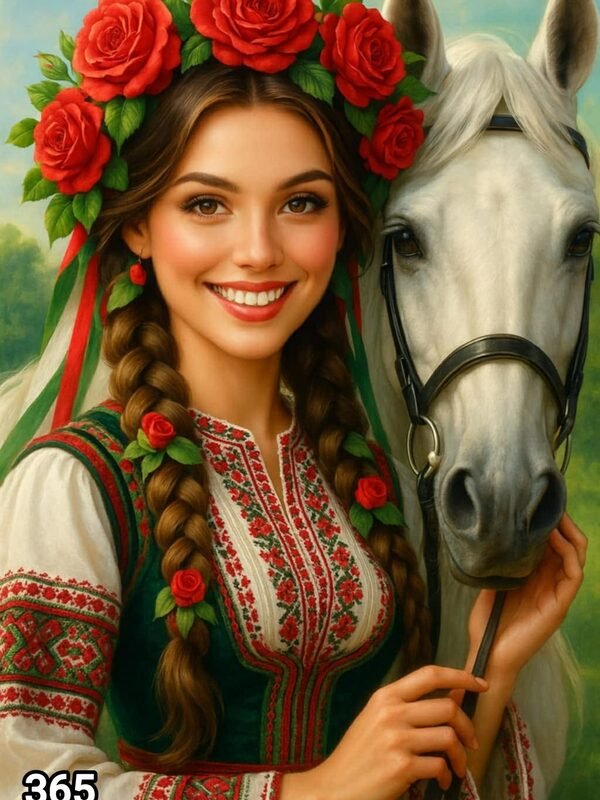 Диамантен гоблен „Усмихната мома с бял кон“ 365 · 30×40 см