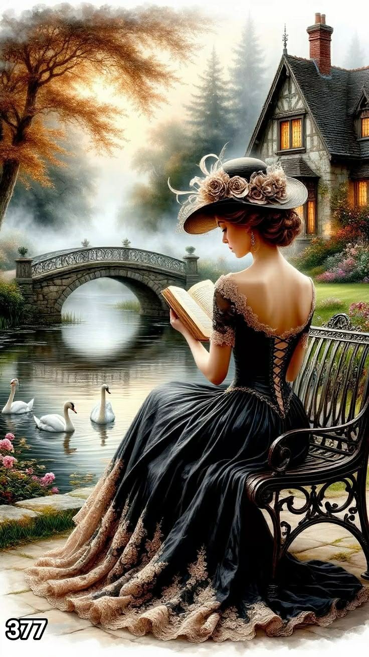 Диамантен гоблен „Дама с книга при лебедите“ 377 · 30×40 см