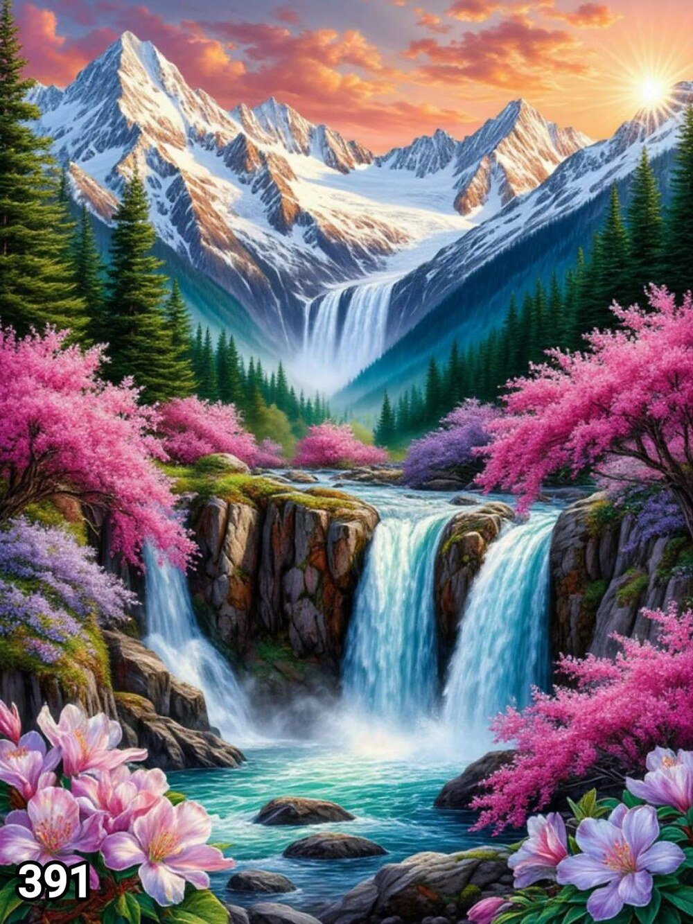 Диамантен гоблен „Водопади с розови цветове“ 391 · 30×40 см