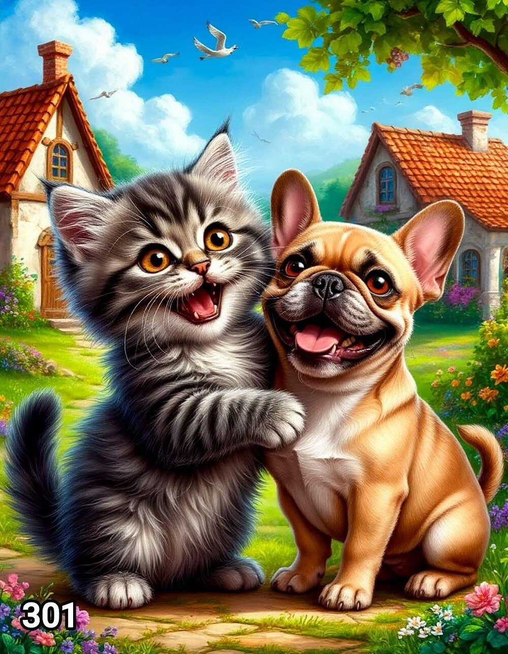 Диамантен гоблен „Коте и френски булдог“ 301 · 30×40 см
