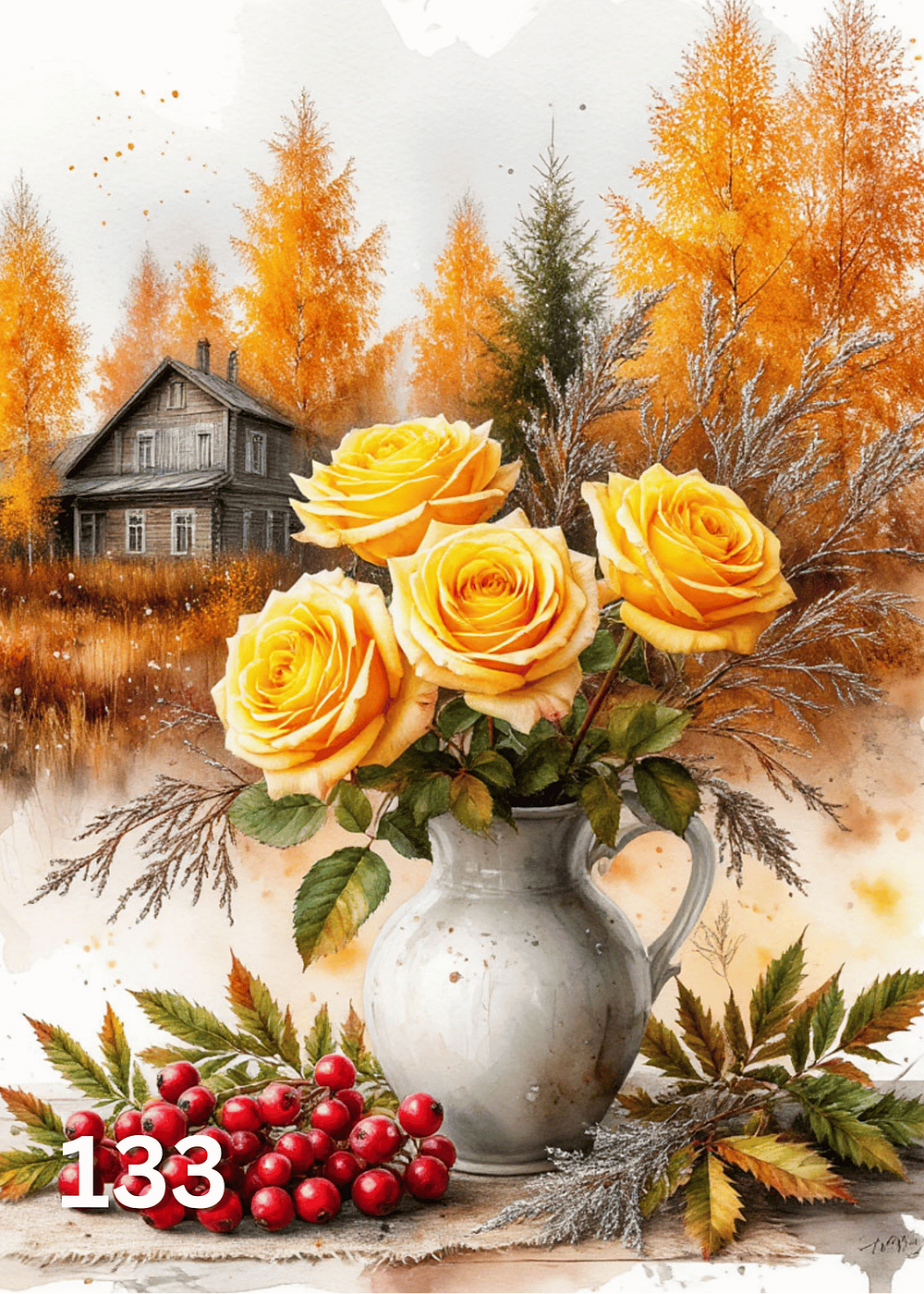 Диамантен гоблен „Жълти рози с калина“ 133 · 30×40 см