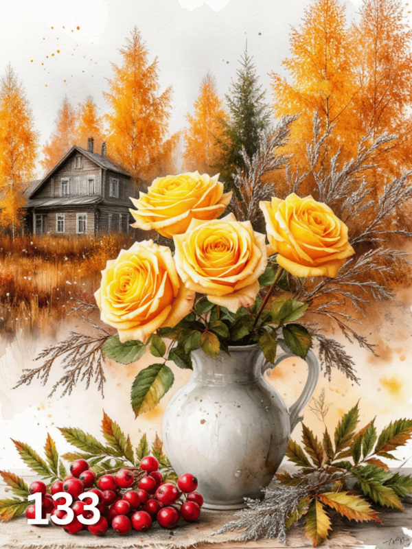 Диамантен гоблен „Жълти рози с калина“ 133 · 30×40 см