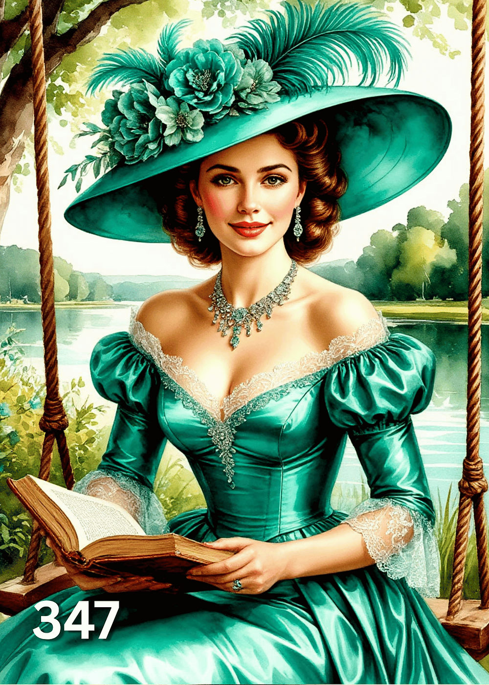 Диамантен гоблен „Дама в зелено с книга“ 347 · 30×40 см