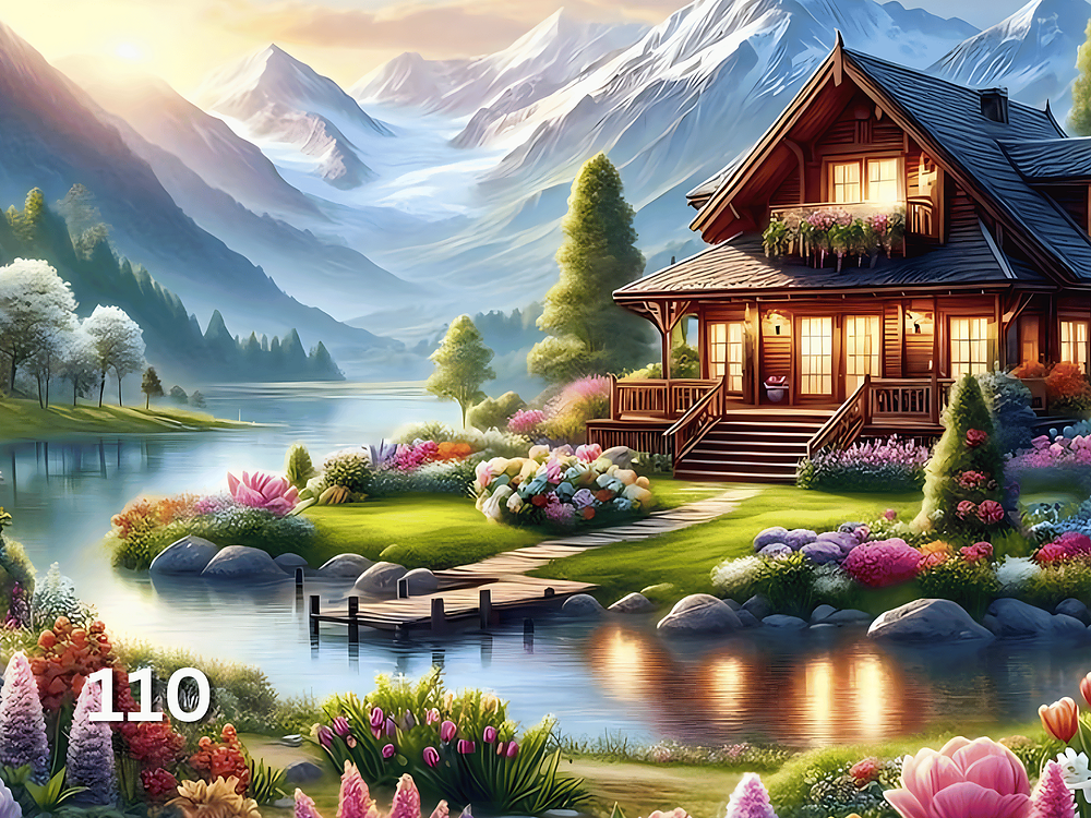 Диамантен гоблен „Хижа край планинското езеро“ 110 · 30×40 см