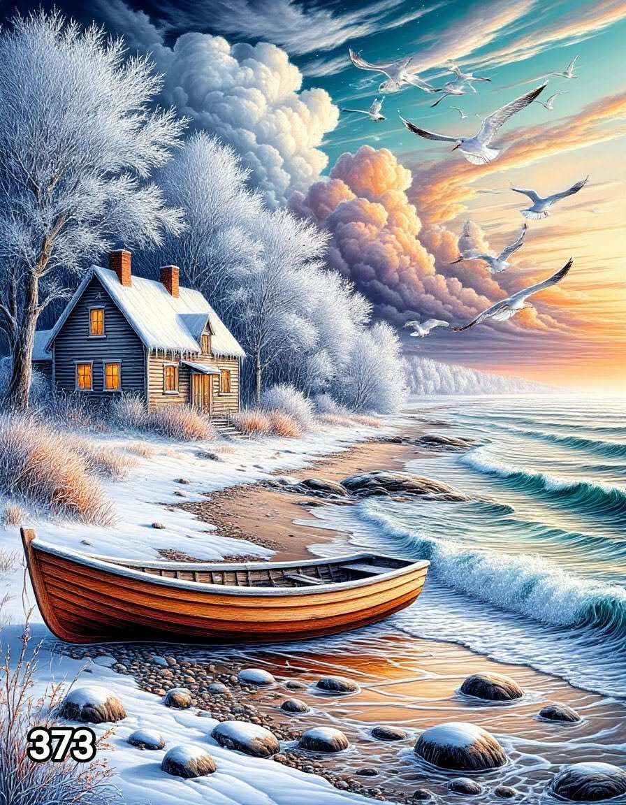 Диамантен гоблен „Зимна лодка на брега“ 373 · 30×40 см